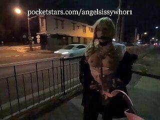 Gagged sissy maid hooker on the streets - ashemaletube.com