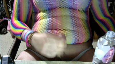 Trans Girl Cumming In Rainbow Fishnet And Panties Oil - shemalez.com
