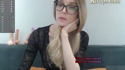 Slim Russian Trans Beauty In Glasses And Stockings Strokes Her Small Cock On Webcam - shemalez.com - Russia