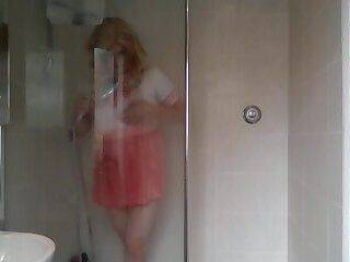 School outfit soaked and naked in the shower - ashemaletube.com