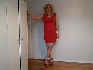 Blonde in red dress and heels with no panties on - ashemaletube.com